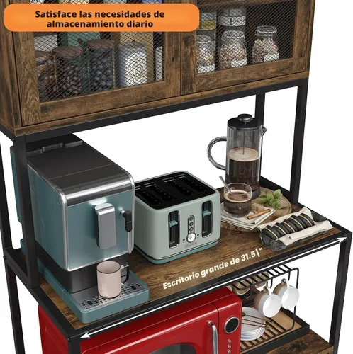 Miniatura 6 de Furniouse Estante de cocina de 6 niveles con toma de corriente, soporte industrial para horno microondas con estantes, puerta de prueba de polvo
