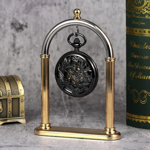 Miniatura 6 de Reloj de bolsillo mecánico de esqueleto para hombre, diseño de dragón fénix, caja negra con cadena + caja de regalo para hombre, Negro -, Mecánico