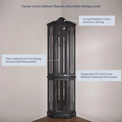 Miniatura 5 de BELLEZE Gabinete Curio iluminado de vidrio de 3 lados con puertas y estantes de vidrio templado, gabinete esquinero de madera curva con bombilla