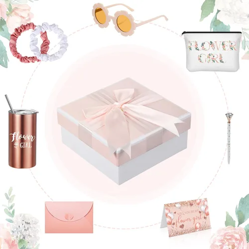 Miniatura 6 de Sieral Juego de 9 regalos de propuesta para niña de las flores, vaso personalizado con pajita, caja de regalo para novia, bolsa de lona, lentes