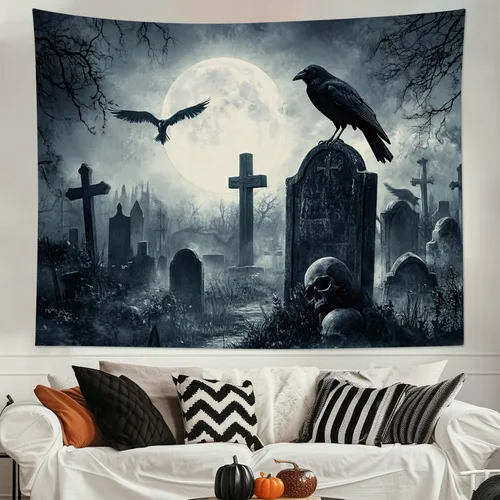 EOBTAIN Scary Halloween Tapestry Gothic Black Crow Skull in Horror Graveyard Tapestry Wall Hanging Spooky Raven under Misty Full Moon Night Wall Art