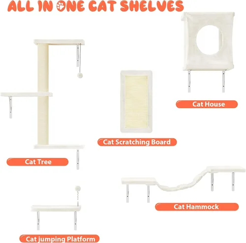 Miniatura 4 de NUNU LAB Juego de estantes de pared para gatos, 5 piezas, escalador de gato montado en la pared con casa para gatos, puente, poste rascador, hamaca