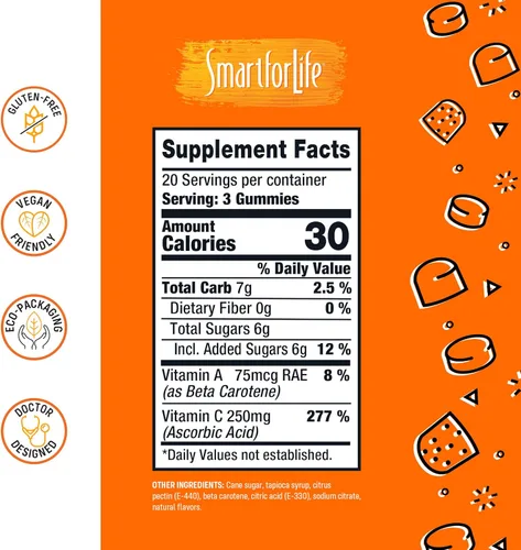 Miniatura 7 de Smart for Life Gomitas de vitamina C, gomitas veganas de vitamina C a base de plantas, sabor naranja natural, gomitas de apoyo inmunológico