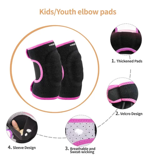 Miniatura 4 de Juego de rodilleras ajustables para niños y jóvenes con almohadillas gruesas SBR para montar, patinar, patinar, snowboard, voleibol (negro y rosa)