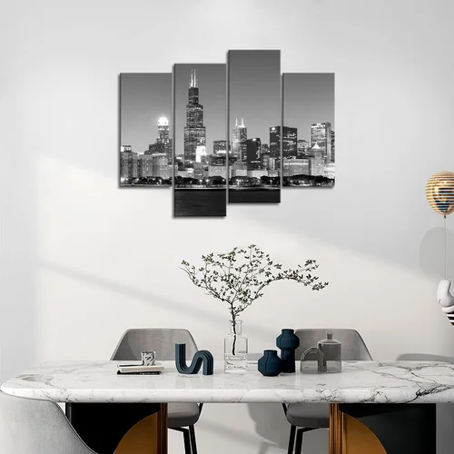 Miniatura 5 de 4 unidades de pintura de tela moderna arte de pared la imagen para la decoración del hogar, vista panorámica del horizonte de Chicago de noche