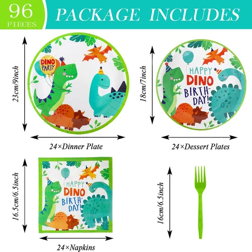 Miniatura 3 de 96 piezas de suministros de fiesta de dinosaurios, decoración de fiesta de cumpleaños con temática de dinosaurio, incluye platos, servilletas