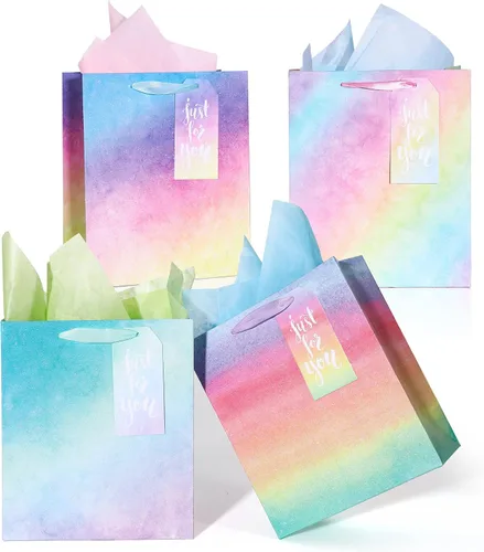 Paquete de 4 bolsas de regalo con asas, bolsas de regalo de tamaño mediano degradado con purpurina con papel de seda, bolsa colorida de regalo para