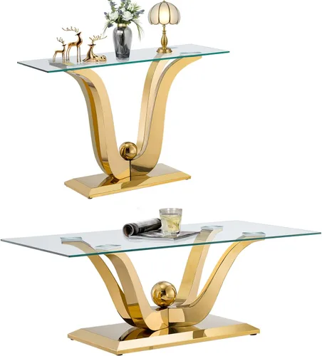 Miniatura 31 de SSLine Mesa auxiliar de cristal de lujo para sala de estar, mesa auxiliar moderna dorada con base de pedestal de acero inoxidable en forma de flor