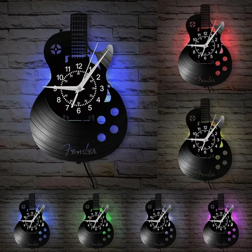 Reloj de pared para decoración de guitarra, 12 pulgadas, 7 tipos de lámpara de guitarra de color LED, reloj de pared de música, silencioso, sin
