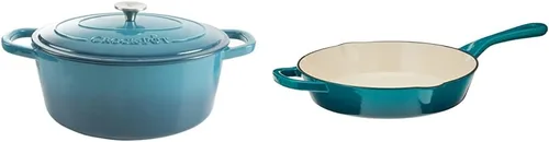 Crock-Pot Artisan - Cacerola de hierro fundido esmaltado estilo horno holandés, 7 cuartos, diseño ovalado, color verde azulado degradado & Crock Pot