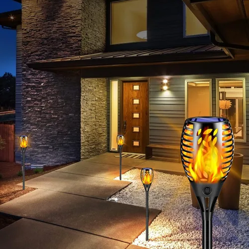 Miniatura 8 de TomCare Paquete de 8 luces solares para exteriores, llamas parpadeantes, antorcha, luces decorativas de jardín, iluminación impermeable para jardín