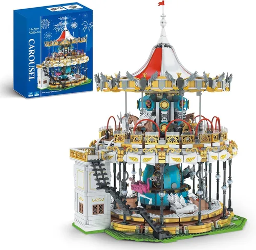 Sosuy Juego de Construcción de Carrusel, Modelo de Tiovivo Motorizado Eléctrico, Juguete de Parque de Atracciones para Niños, Niñas y Adolescentes,