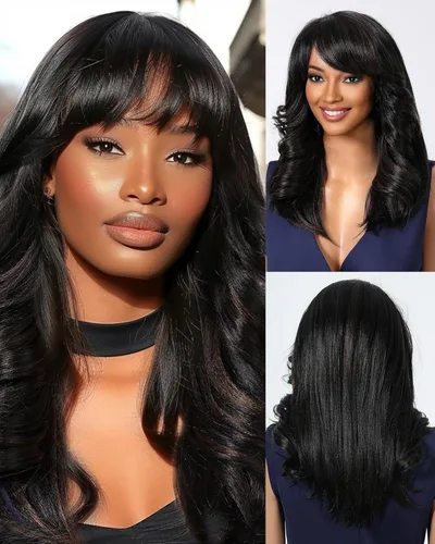 Allbell Peluca de Ondas Corporales con Flequillo de Longitud Media con Mechas Pelucas Negras para Mujeres Sintéticas Negras Mezcladas con Marrón