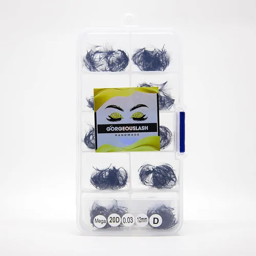 Miniatura 14 de Extensiones de pestañas 20D, 25D. 500 abanicos de pestañas prefabricados. Extensiones de pestañas. Hechas a mano (20D - rizo D - 0.03, 0.55 pulgadas)