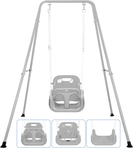 Miniatura 8 de Juego de columpios 3 en 1 para niños pequeños, juego de columpios para bebés con soporte plegable de metal para jugar al aire libre/interior, diseño