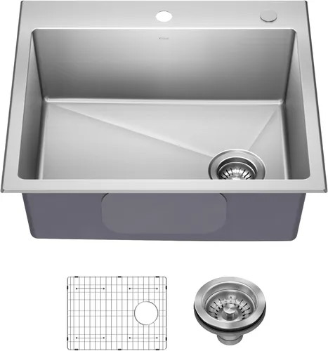 Kraus Fairlane 25-pulgadas Fregadero de cocina de acero inoxidable de calibre 18, de un solo cuenco, para caída/montaje superior, KHT641-25
