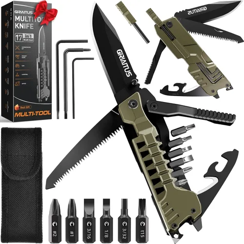 Miniatura 8 de Cuchillo multiuso 17 en 1 con varillas para iniciar fuego, abrebotellas, sierra, destornilladores, silbato, rompeventanas y más - Perfecto para Negro