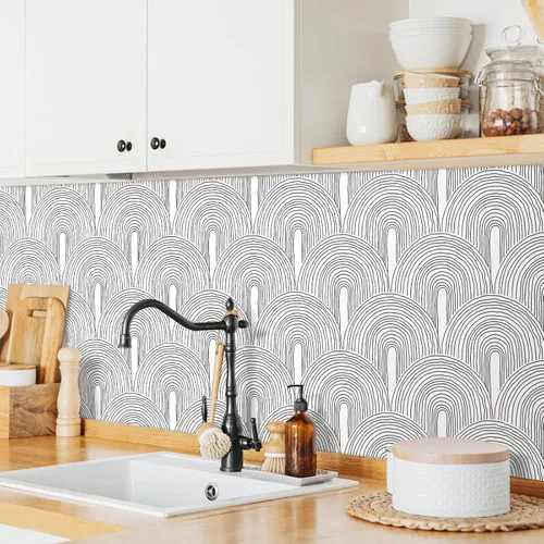 Miniatura 8 de Livelynine - Papel de colgadura adhesivo minimalista en blanco y negro de mediados del siglo moderno, papel tapiz extraíble con acento de arco