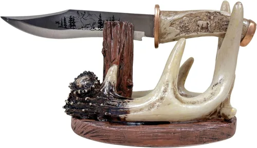 BestGiftEver Cuchillo con mango tallado decorativo de ciervo con soporte de exhibición de astas falsas para decoración de cabina de caza u hogar