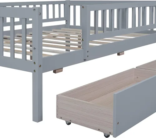 Miniatura 4 de Bellemave Armazón de cama tamaño completo con barandillas de valla y cajones de almacenamiento, camas infantiles de madera estilo Montessori con Gris
