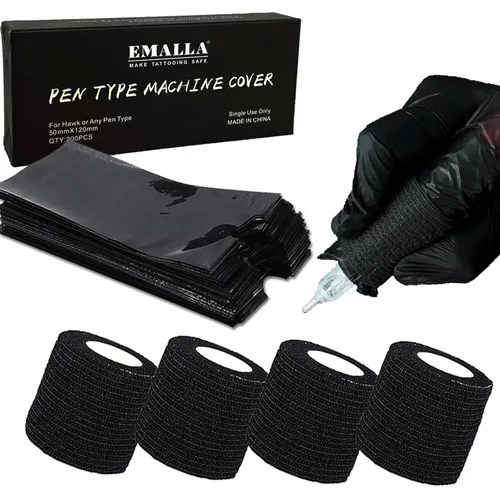 Cubiertas para máquina de bolígrafos de tatuaje y cinta de agarre, 200 fundas para bolígrafos de máquina con 4 piezas de cinta de agarre de 2 x 5