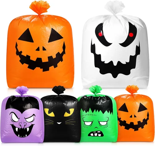 Qilery 6 bolsas de césped de hojas de Halloween, bolsas de basura de calabaza de plástico para hojas con lazos giratorios para Halloween, patio,