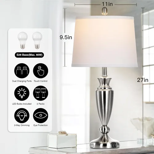 Miniatura 4 de Rinweey Lámpara de mesa negra de 27 pulgadas, lámpara de sala de estar con control táctil de 3 vías con puertos USB A+C, moderna lámpara de noche