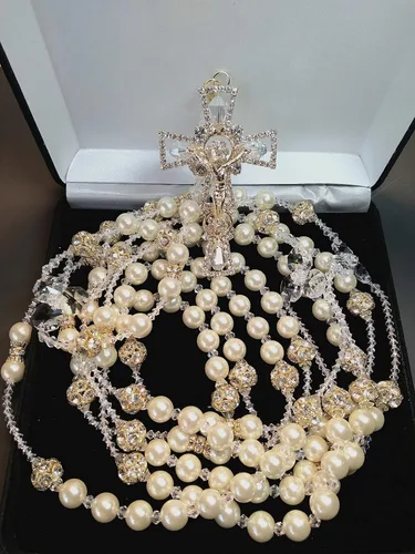 Aeiniweraabbcc SPPRANDOM J.G Wedding LassoLasso para boda de Perla fina Color Marfil y rhigestone Color oro Lazo con Cruz catolica y cristales Lazo