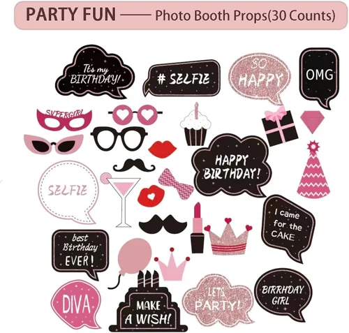 Miniatura 6 de UJoyant Decoraciones de cumpleaños para mujer, 229 piezas de suministros de feliz cumpleaños de oro rosa y negro, juego de vajilla desechable con 25