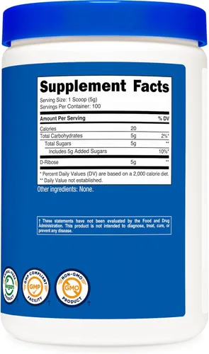 Miniatura 5 de Nutricost D-ribosa en polvo de 17.64 oz, 5000 mg por porción, sin OMG (17.64 oz)