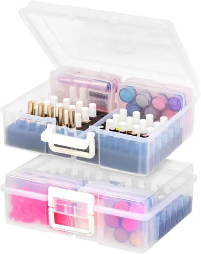 IRIS USA Estuche de tren cosmético con organizador de esmalte de uñas y 4 estuches internos con asa, paquete de 2, caja de almacenamiento portátil