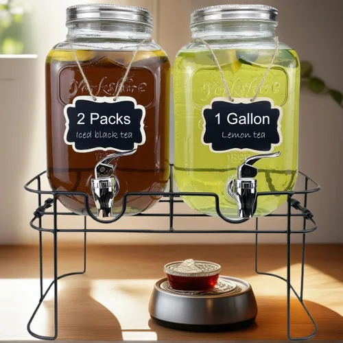 Miniatura 3 de Despachador de bebidas de vidrio de 1 galón para fiestas, paquete de 2, dispensador de jugo, limonada, té helado y agua con soporte, dispensadores