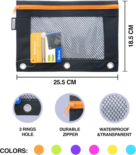 Miniatura 2 de BAZIC Products Noir Neon - Estuche para lápices de 3 anillos con ventana de malla, construcción duradera, para carpetas escolares, caja de 24