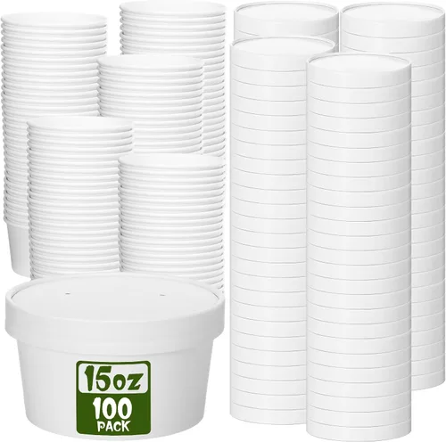 Miniatura 18 de Fulmoon Paquete de 100 recipientes de papel para sopa con tapas, recipientes de papel desechables para alimentos con tapa ventilada, tazas de postre