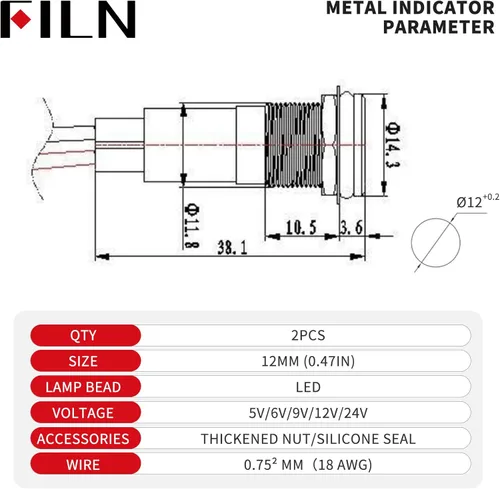 Miniatura 5 de 2 piezas de 12 mm (1/2") Luz indicadora LED blanca, lámpara de señal impermeable de metal, 5 V, 12 V, 24 V, IP67, luz de tablero para piloto