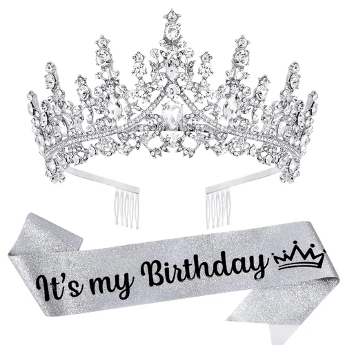 Miniatura 10 de VELSCRUN Tiara de cumpleaños de cristal azul para mujeres y niñas, banda "It's My Birthday", corona de princesa reina con peines, decoraciones