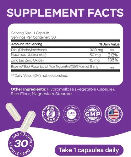 Miniatura 2 de 4Well Products Dim Supplement Complejo de 370 mg con zinc, niacinamida, bloqueador de estrógeno para mujeres y hombres, equilibrio hormonal, acné