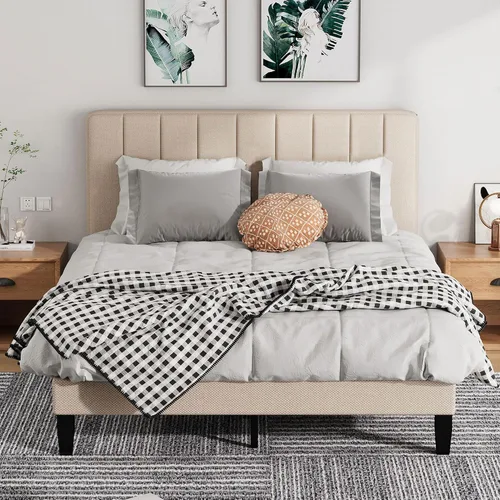 Base de cama tamaño Queen con cabecera tapizada, base de cama de plataforma con cabecera suave de lino de altura ajustable, 10 piezas de soporte de