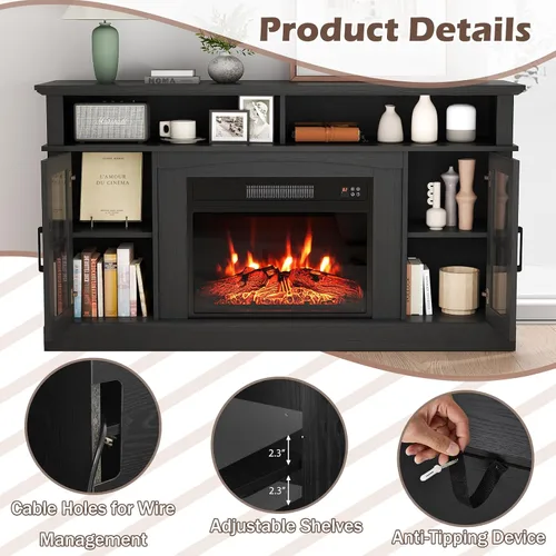 Miniatura 4 de SIMOE Soporte de TV con chimenea de hasta 40'' 65'' TV, chimenea eléctrica de 58 pulgadas, centro de entretenimiento con 2 gabinetes y control Negro
