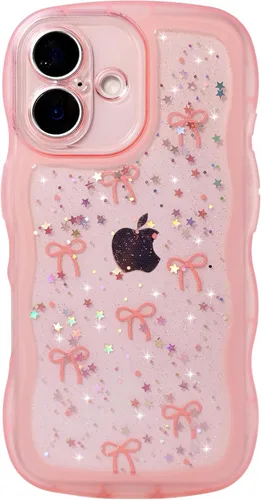 Miniatura 117 de Qokey Funda para iPhone 12 Pro Max de 6.7 pulgadas, diseño de onda rizada, borde transparente, brillante con purpurina, estrella brillante, bonita