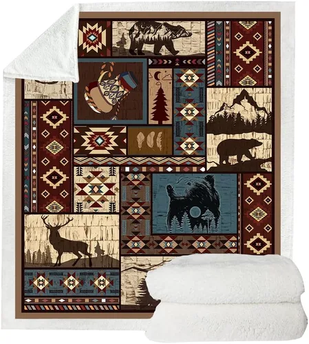 Miniatura 7 de Manta Azteca Otoñal Rústica del Suroeste Americano Nativo - Navajo, Mexicana, India, Diseño de Oso y Ciervo - Decoración de Granja para Sofá, Cama