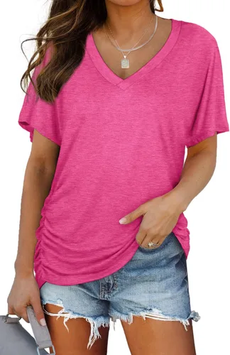 Miniatura 7 de WIHOLL - Camisetas de manga corta con cuello en V para mujer, holgadas, con fruncido lateral
