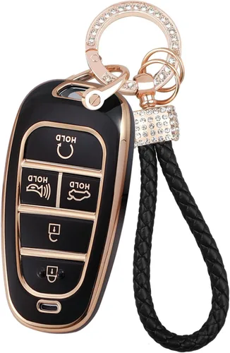 Miniatura 12 de Funda para llavero Hyundai con protección de TPU suave con llavero dorado brillante compatible con Sonata Santa fe Tucson 2020-2023 llave Negro 5