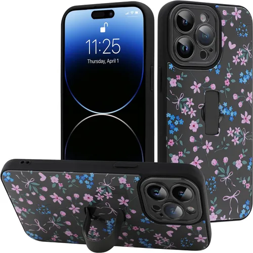 Miniatura 13 de Funda diseñada para iPhone 17 Pro Max con soporte plegable y correa para dedos, bonito patrón de lazo de corazón de flor rosa para mujeres y niñas