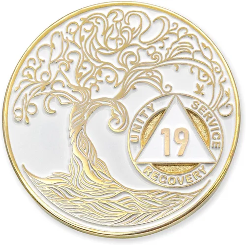 Miniatura 133 de 20 Year Sobriety Mint Twisted Tree of Life - Medallón de recuperación AA chapado en oro, fichas y fichas, color negro