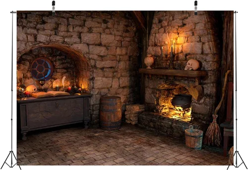 Miniatura 5 de BELECO Telón de fondo de tela espeluznante de 5 x 3 pies para Halloween, sala mágica, cocina, chimenea, poción mágica, libros, velas, calaveras
