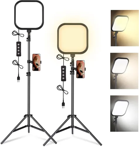 Paquete de 2 luces LED de video, luz de estudio de 15 W, temperatura de color de 2500-8500 K con soporte de trípode y soporte para teléfono,