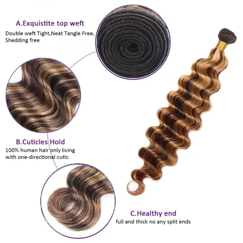 Miniatura 2 de P4/27 paquetes de cabello humano con reflejos marrones de onda profunda, paquetes de 10 pulgadas sin procesar rubio virgen rizado profundo