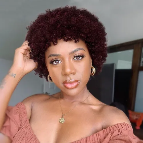 WIGER Pelucas afro cortas y rizadas de cabello humano para mujeres negras, pelucas rizadas 99J sin encaje para mujer afroamericana para uso diario