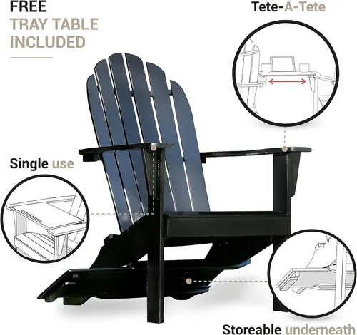 Miniatura 6 de Cambridge Casual Silla Adirondack Magnolia de madera maciza de 2 piezas con mesa de bandeja, color negro